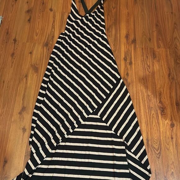 Venus tan and black striped dress high low strap back size small faux wrap - Picture 1 of 6